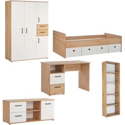 Jugendzimmer-Set ARTHUR BERNDT "Jugendzimmer-Set »Bente« 5-teilig", weiß (artisan oak nb, weiß), 5-teilig, Schrank, Bett, Schreibtisch, Sideboard, Standregal + ohne Matratze, B/H: 120cm x 200cm, 5-teilig, Schrank, Bett, Schreibtisch, Sideboard,...