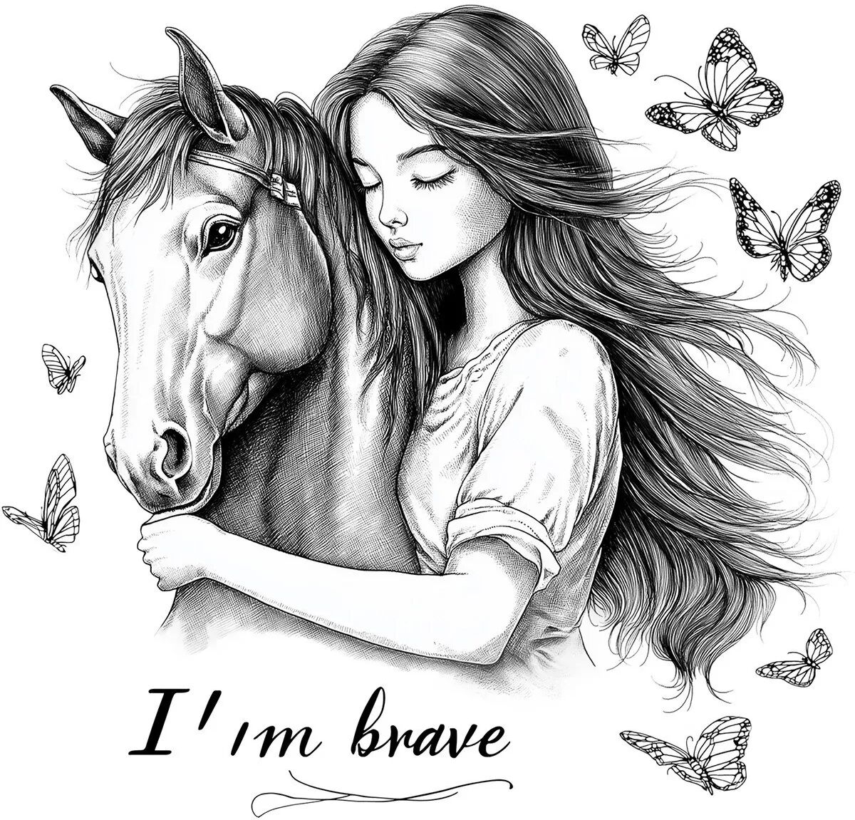 INF Sticker Mural Peint à la Main Beauté et Cheval Papillon - Décoration Auto-Adhésive en PVC 60x60cm