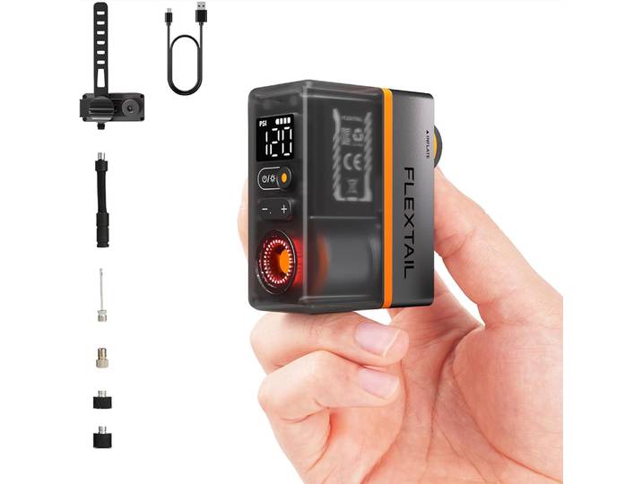 Pompe à vélo électrique miniature FLEXTAIL TINY BIKE PUMP ACS - Pompe à vélo électrique miniature, pompe à pneu de vélo 130 PSI avec manomètre et feu arrière intégré