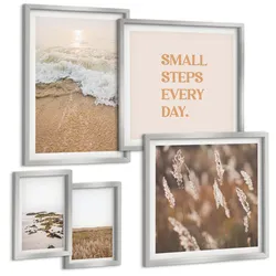BILDER SET 5er Set - 50x50 cm & 20x30 cm & 40x60 cm Silberner Rahmen - Strandwellen, Steine, Sommer