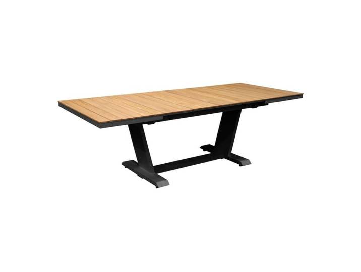 Table de repas extensible – AMBER – 180/240 x 100 cm – Aluminium époxy graphite / Lames teck – Allonge automatique