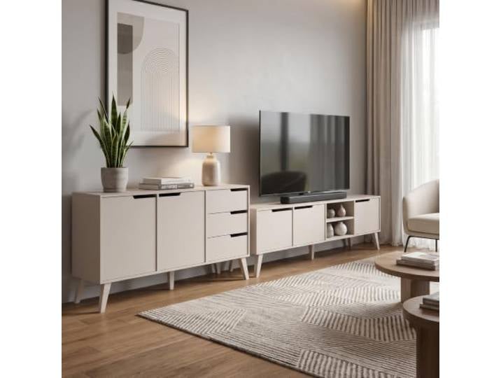 BEAUTY SOFA Wohnzimmer-Set Norel 2-teilig – Kommode 160 cm + TV-Lowboard 180 cm, Schubladen, Türen, offene Fächer, Holzbeine, Kaschmir