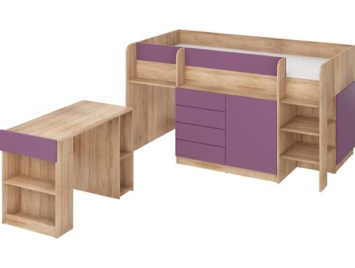 FurnitureByJDM Hochbett mit Schreibtisch, Schubladen & Bücherregal Platzsparendes Kinderbett 90x200 cm Matratzengröße – Rechtsseitige Treppe – SMILE (Eiche Sonoma/Violett)