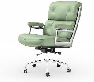 Furgle Black Genuine Leather Mid-Back Executive Office Chair With Aluminum Alloy Frame