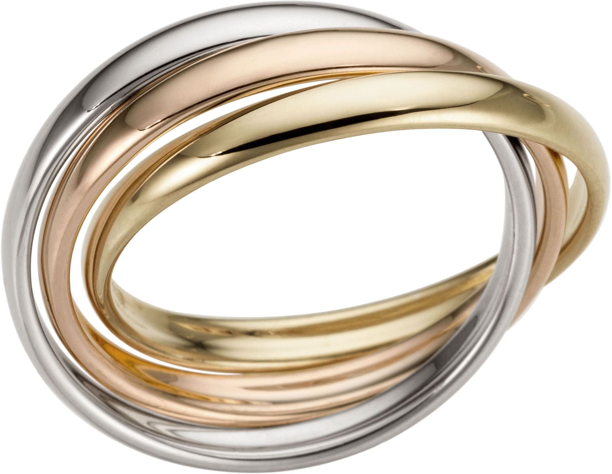 Goldring FIRETTI "Schmuck Geschenk Gold 585, 3-Fach verschlungen, tricolor, massiv" Gr. 17, rosa (gelbgoldfarben, weißgoldfarben, roségoldfarben), Fingerringe, Damen, 17, Gelbgold 585 Roségold 585 Weißgold 585, 5mm, Gelbgold 585, Roségold 585, Weißgold 58