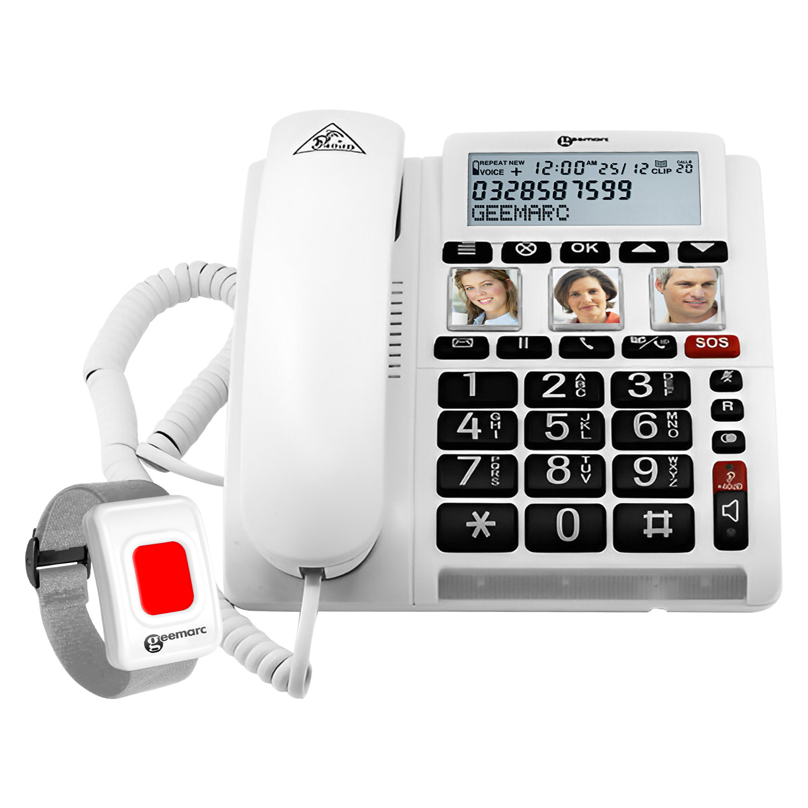 Geemarc luidsprekende telefoon met volumeregeling en SOS-afstandsbediening, wit