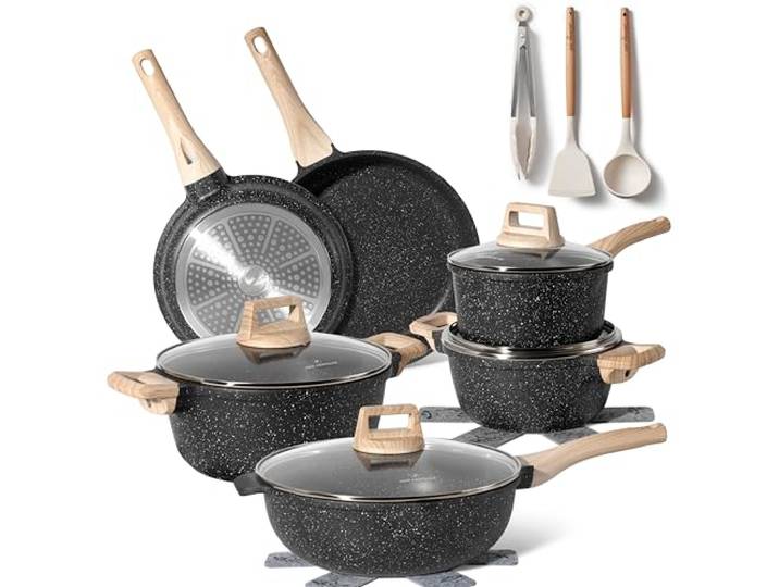JUST PERFECTO Induktions Töpfe Set 15 pcs - Pfannenset mit deckel - Induktions Töpfe Set - töpfe & pfannen set ohne PTFE und PFOA - Kratzschutz- Kochgeschirr Topfset induktion (15 pcs Black)