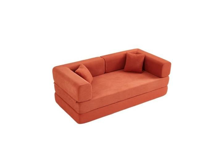 Canapé-lit convertible velours côtelé orange rouge cadre fixe matelas pliant avec oreiller cylindrique canapé de sol