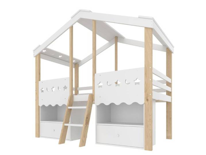 Lit Mi-Hauteur-Maison Blanc&Naturel 90x200cm-2 Tiroirs-LED-Design Mezzanine-Sans Matelas