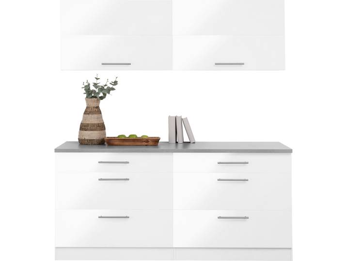 Küche, Weiß Glanz & Grau, 180x60 cm, Holzwerkstoff, Komplettküchen-Set, Modern