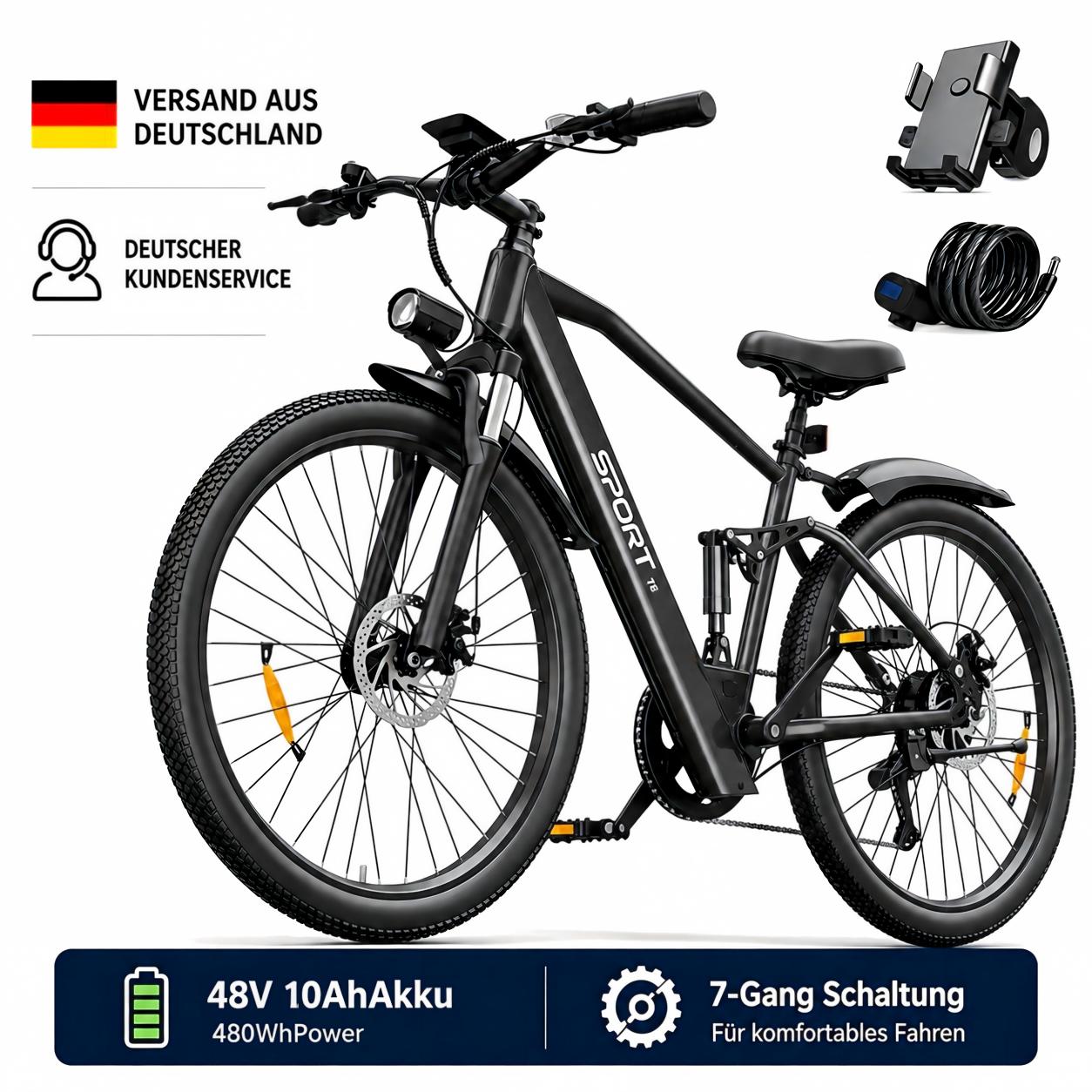 PiXELPiLOT 26 Zoll E Bike, Trekking E-Bikes 48V 10Ah Akku, 25km/h, 7-Gang, Scheibenbremsen, Federgabel