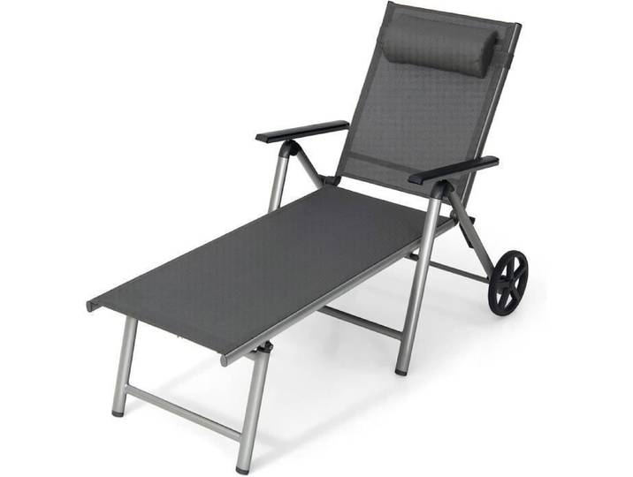GOPLUS Chaise Longue Pliable de Jardin avec roulettes Transat Inclinable en Aluminium avec Dossier Réglable à 7 Niveaux