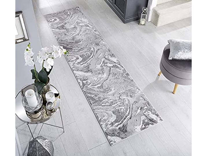 e-Rugs Eris Läufer, zeitgenössisch, mit Marmormuster, metallisch, 60 x 230 cm, silberfarben