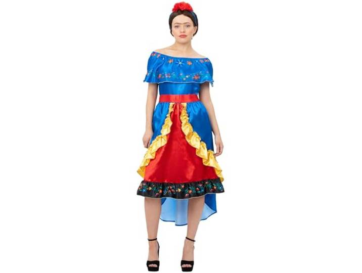 Smiffys Deluxe kunstenaar Frida kostuum, dames met jurk & hoofdband, iconen & idolen carnaval, helden verkleedkostuums