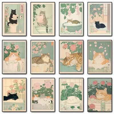 Inspired Finds Japandi Cat Bathtub Canvas Wall Art Retro Japanese Aesthetic Poster ukiyo Loo 15.75x23.62in Unframed