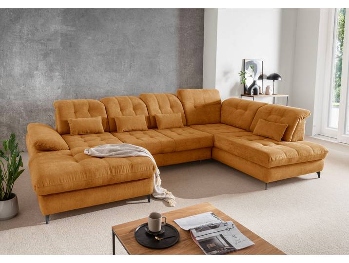Ecksofa HOME AFFAIRE Delphino, Multifunktionen, 358 x 216 cm, modern & bequem , orange (gold), B:358cm T:216cm, 100% Polyester, Sofas, Ecksofa, Microfaser, L-Form, Bettfunktion, Nierenkissen, Verstellungen