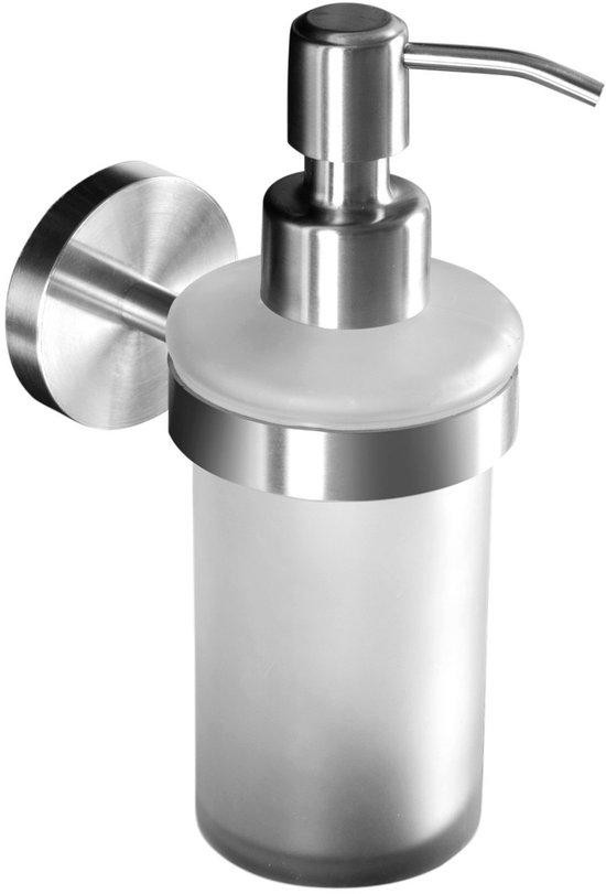Unyqoos Wandzeepdispenser van geborsteld roestvrij staal en satijnachtig glas voor badkamer, keuken en toilet