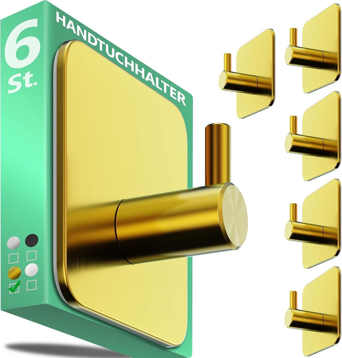 4smile Set van 6 Handdoekhouders zonder boren, Goud, Roestvrij staal, Zelfklevende handdoekhaak voor badkamer en keuken