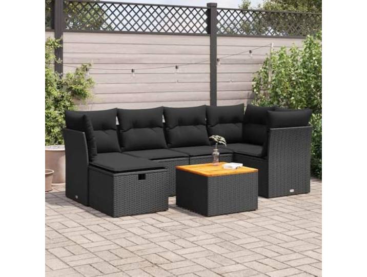 KTHLBRH Gartenmöbel-Set aus Polyrattan, schwarz, 7-teilig Modularer Sitzsack, wasserdichter Behälter, waschbare Kissen, für Terrasse