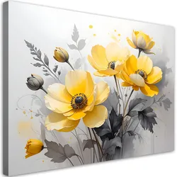 WANDBILD, Gelbe Blumen auf hellem Hintergrund mit dezentem Gold