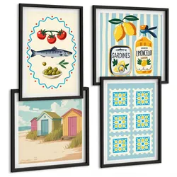 BILDER SET 4er Set - 50x50 cm & 40x60 cm Schwarzer Rahmen - Illustrationen der mediterranen Küche
