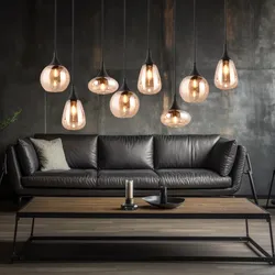 Pendelleuchte Glas 8 flammig Esstischlampe schwarz Hängeleuchte Esszimmer Glas amber, unterschiedliche Lampenschirme, 8x E14, LxH 121x150 cm