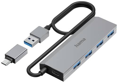 hama 00200138 USB-Hub, 4 Ports, USB 3.2 Gen1, 5 Gbit/s, inkl. USB-C-Adapter und Netzteil