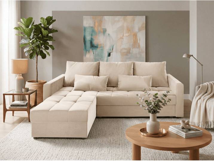 ANGEBOT Cremefarbiges ausziehbares Ecksofa ZENOVA 220x140 cm, beidseitig II. Wahl