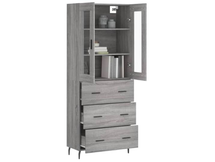 KTHLBRH Sideboard Grau Sonoma 69,5 x 34 x 180 cm Holz mehrschichtig Aufbewahrungsschrank, Sideboard, Füße aus Metall, Glas, Montage erforderlich