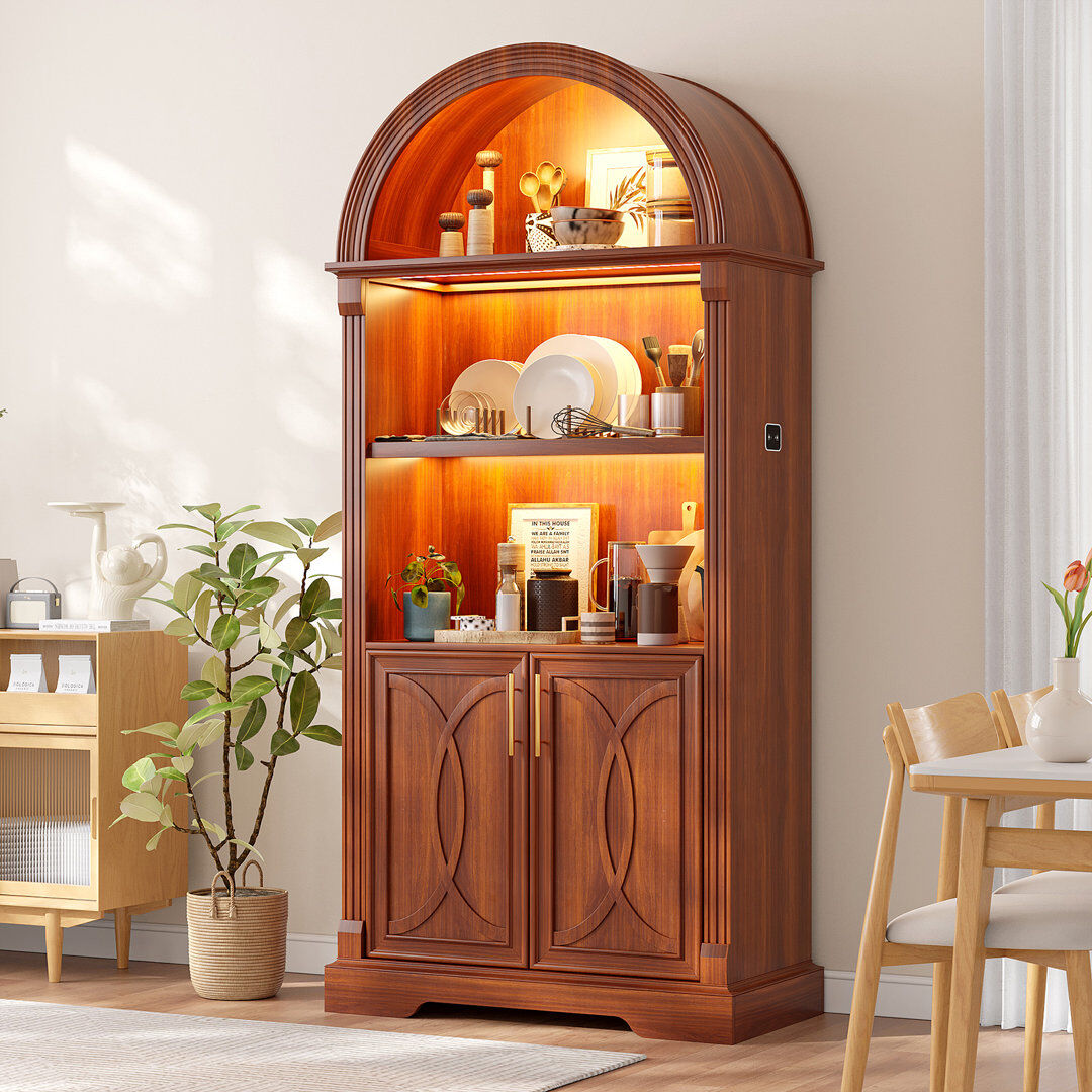 Blue Elephant French Vintage Arched Display Cabinet with LED Lighting, Open Shelving and Cupboard Storage Brown 177.8cm H X 79.8cm W X 39.9cm D