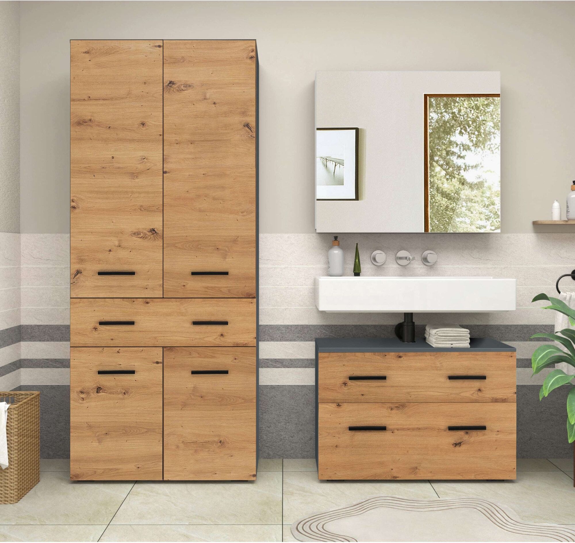 Hochschrank WELLTIME "Skara", grau (anthrazit, artisan eichefarben), B:76cm H:180cm T:35cm, Holzwerkstoff, Schränke, Hochschrank, mit drei variablen Einlegeböden anthrazit, artisan eichefarben anthrazit, B/H/T: 76cm x 180cm x 35cm, Schubladen: 1 Stk. Türe
