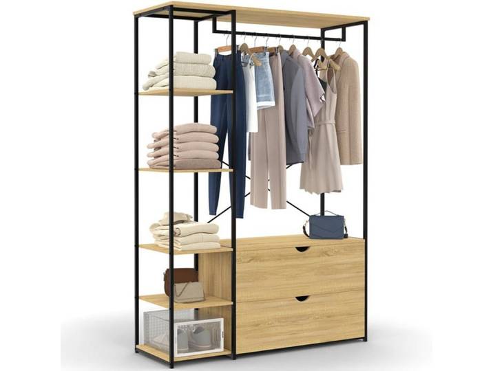 IDMarket Dressing Penderie DETROIT 113x40x167 cm 5 étagères et 2 tiroirs Bois et Métal Noir