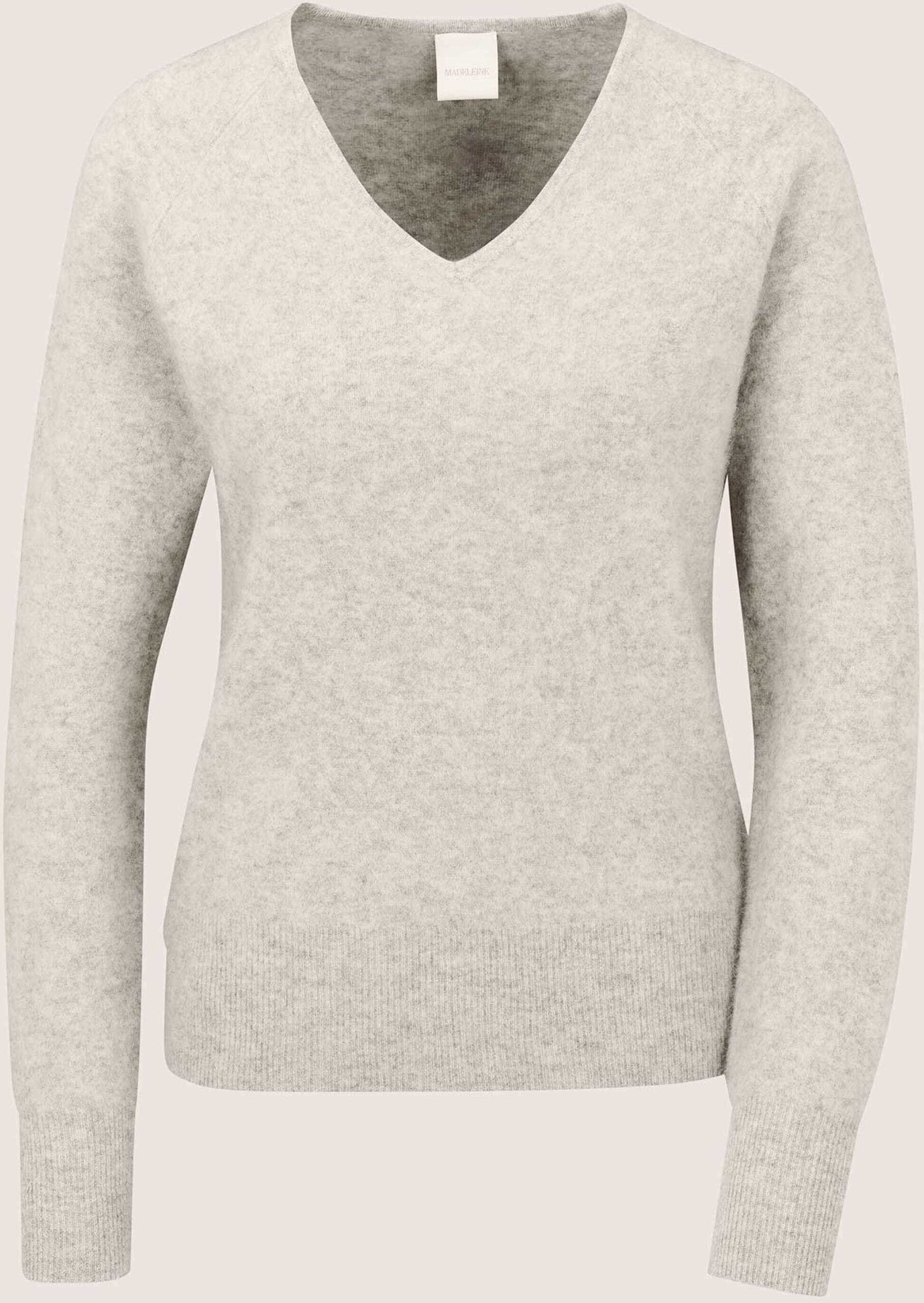 Longpullover MADELEINE "Pullover Schurwoll-Pullover mit V-Ausschnitt", Damen, Gr. 36/38, grau (silbergrau, melange), Modern, slim fit, Pullover Longpullover