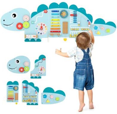 Costway 11-in-1 Dinosaur Activity Wall Busy Board Panels for Toddlers Education and Early Development-Blue