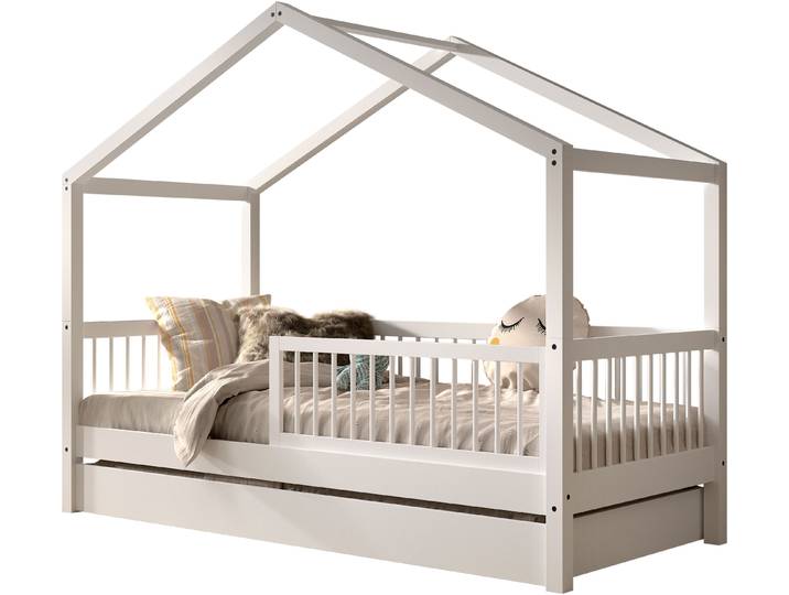 Hausbett VIPACK Forrest mit Dachaufbau, Rausfallschutz, später umbaubar zum Einzelbett , weiß (weiß, weiß, weiß), B:97,5cm H:170cm L:207,5cm, Betten, Hausbett, 90/200 Buche massiv weiß lackiert, wahlweise mit o. ohne Bettschublade