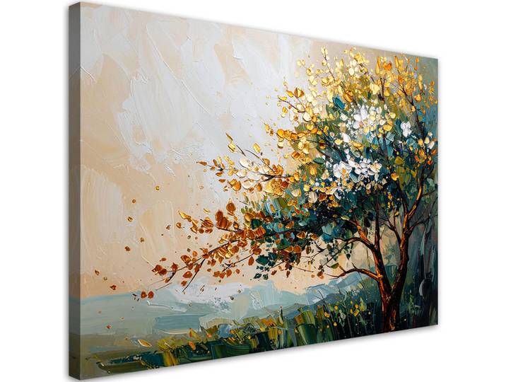 Feeby Leinwandbild Baumblätter Landschaft in Beige 90x60cm, Grün, Baum/Pflanze/Natur, Rechteckig, 90x60 cm, Bilder & Rahmen, Bilder, Leinwandbilder