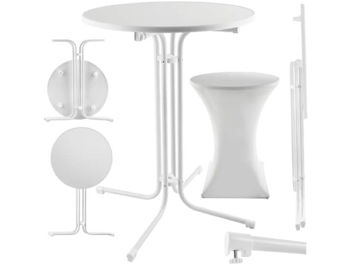 tectake® Gastro Stehtisch klappbar, Bistrotisch mit Husse, Tisch Ø80cm, Stehtisch mit MDF-Tischplatte, Gartentisch klappbar, Klapptisch, rund, Stahlgestell, stabil und robust - weiß, 1 Stehtisch