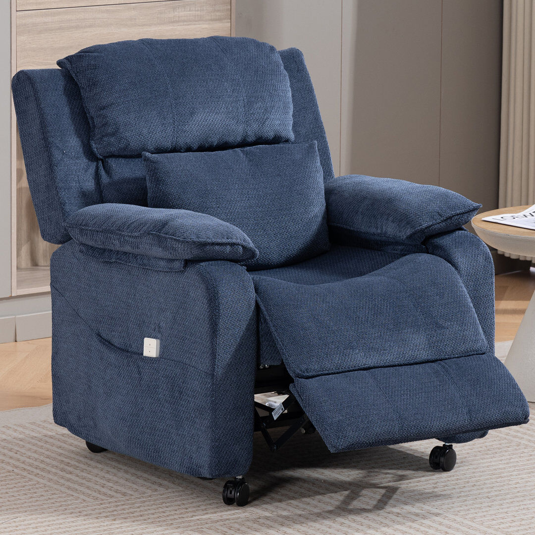 Rebrilliant Chenille Power Recliner Chair With Wheels, Adjustable 90°-165° Reclining Sofa With Side Pocket, For Living Room Bedroom EBXSC-5014-EC-DB 103cm H X 84cm W X 77cm D
