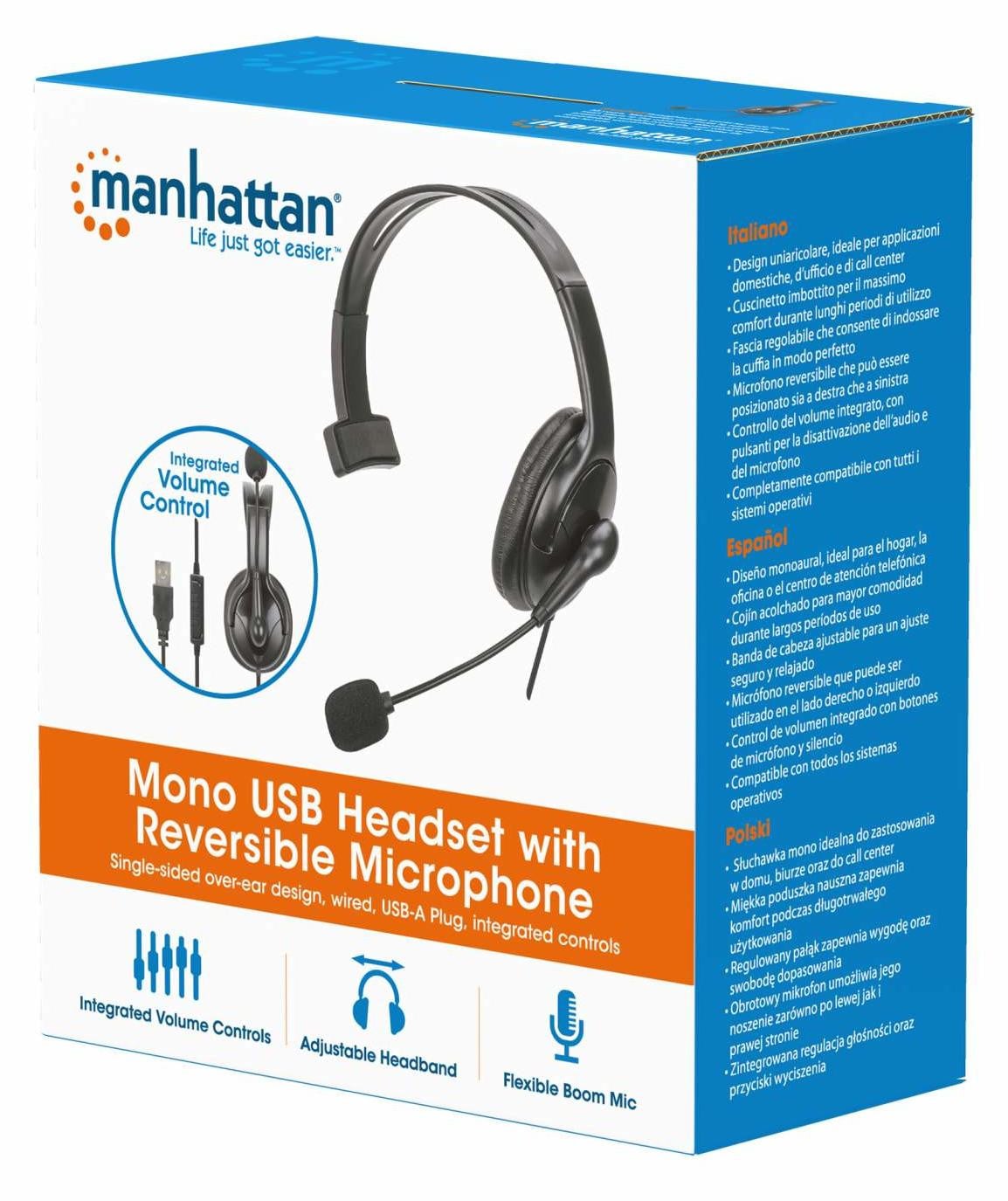 Manhattan Mono USB-Headset links of rechts met 2m kabel