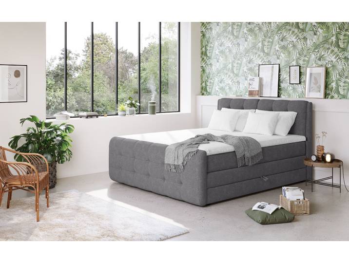 Boxspringbett, Polyester, Anthrazit, 161×228 cm, Mit Bettkasten & Topper, Cotta