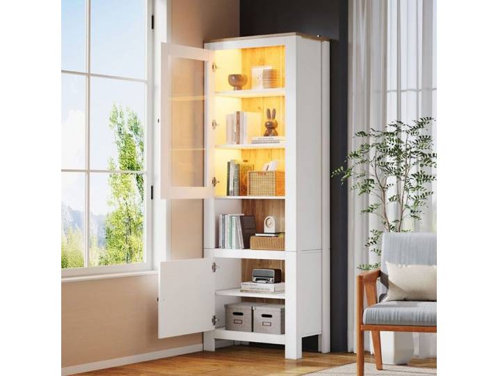 Vitrine Autoportante 70x40x188cm Blanc Aspect Bois 2 Portes Verre 6 Étagères Réglables Avec Éclairage LED Intégré