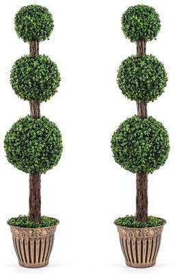Costway 4 FT Artificial Triple Ball Boxwood Tree with Cement-filled Retro Planter Set of 2-Green
