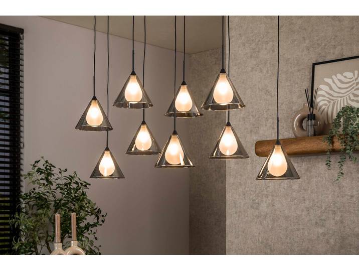 Pendelleuchte „Elunara“ – Mit 9 Leuchten in konischem Rauchglas und 150cm höhenverstellbar - Rauchglas - Luxusbetten24