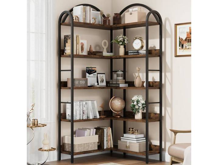 Étagère d'angle en L - LUNSY - 5 niveaux - 78x78x174 cm - Marron - Conception industrielle