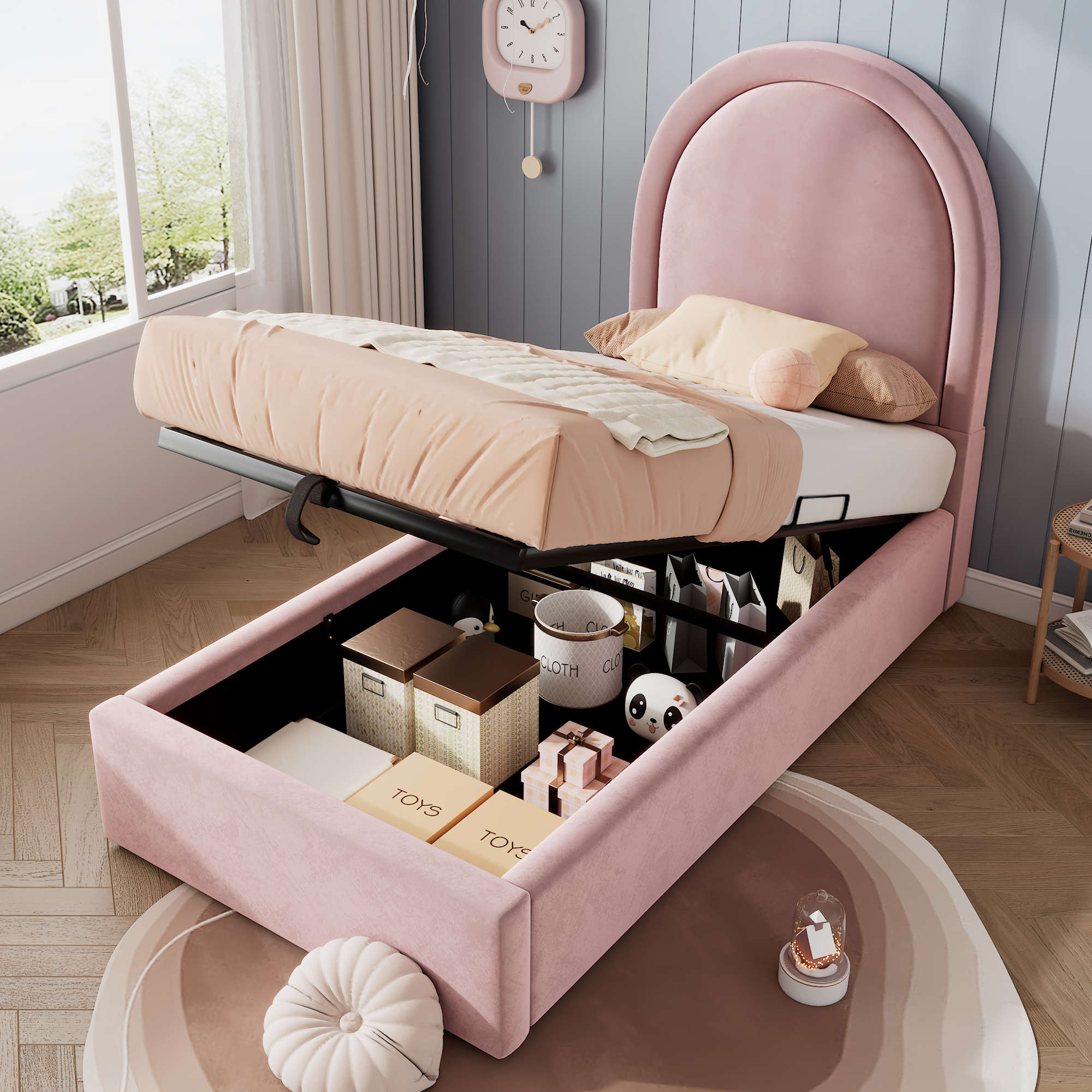 STILVORA 90x200 Polsterbett mit Lattenrost und Stauraum,Kinderbett mit Kopfteil für Jungen und Kinder,Einzelbett Samt,Rosa(Mit Matratze)