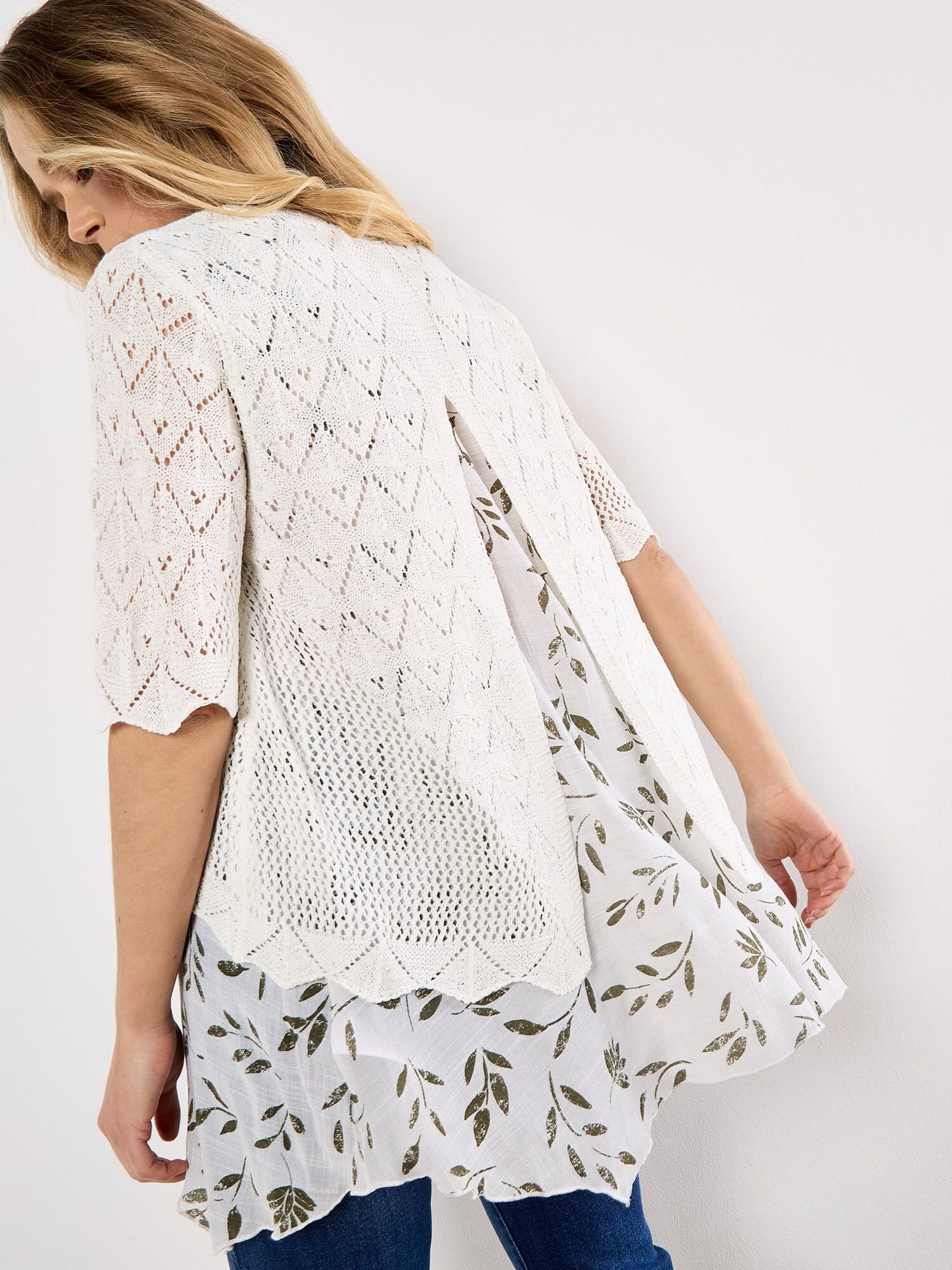 Tunikashirt APRICOT "Gestrickte Palmendruck Tunika", Damen, Gr. S (36), weiß, Obermaterial: 51% Polyacryl PAN. 49% Polyamid PA., gemustert, Tops Tunikashirt