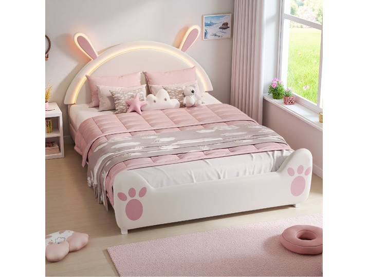 Rosahqnda Lit pour enfant avec éclairage LED, 90/140x200 cm, tête de lit en forme de lapin, pour chambre de fille, cadre de lit en velours, rose