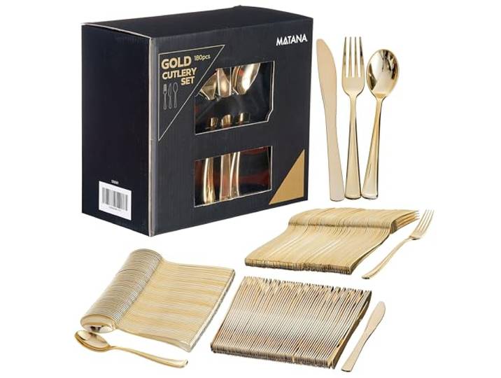 MATANA 720 Elegantes Wiederverwendbares Goldenes Besteck Set – 240 Messer, 240 Gabeln, 240 Löffel – Mehrweg & Stabiles Besteck für Hochzeiten, Geburtstage, Partys & Veranstaltungen