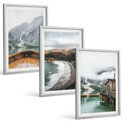 BILDER SET 3er Set - 40x60 cm Silberner Rahmen - Berge, See, Boot, Strand, Landschaft