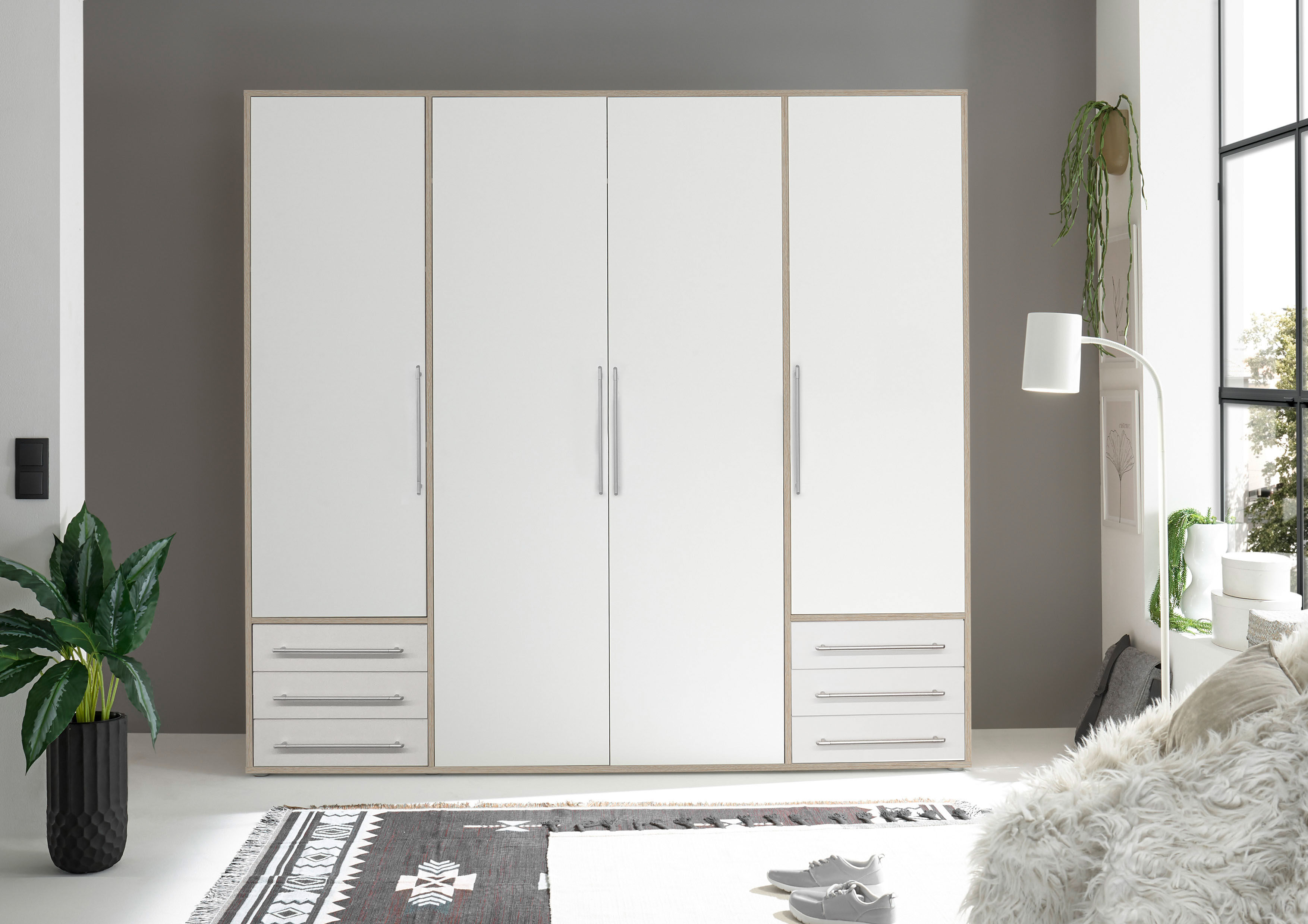 Drehtürenschrank SCHLAFKONTOR "Lyss Schrank, Kleiderschrank mit Drehtüren", weiss (eiche san remo hell, weiß), B:206cm H:194cm T:58cm, Melamin, Schränke, Drehtürenschrank, in verschiedenen Farben und Grössen erhältlich eiche san remo hell, weiß B/H/T: 206